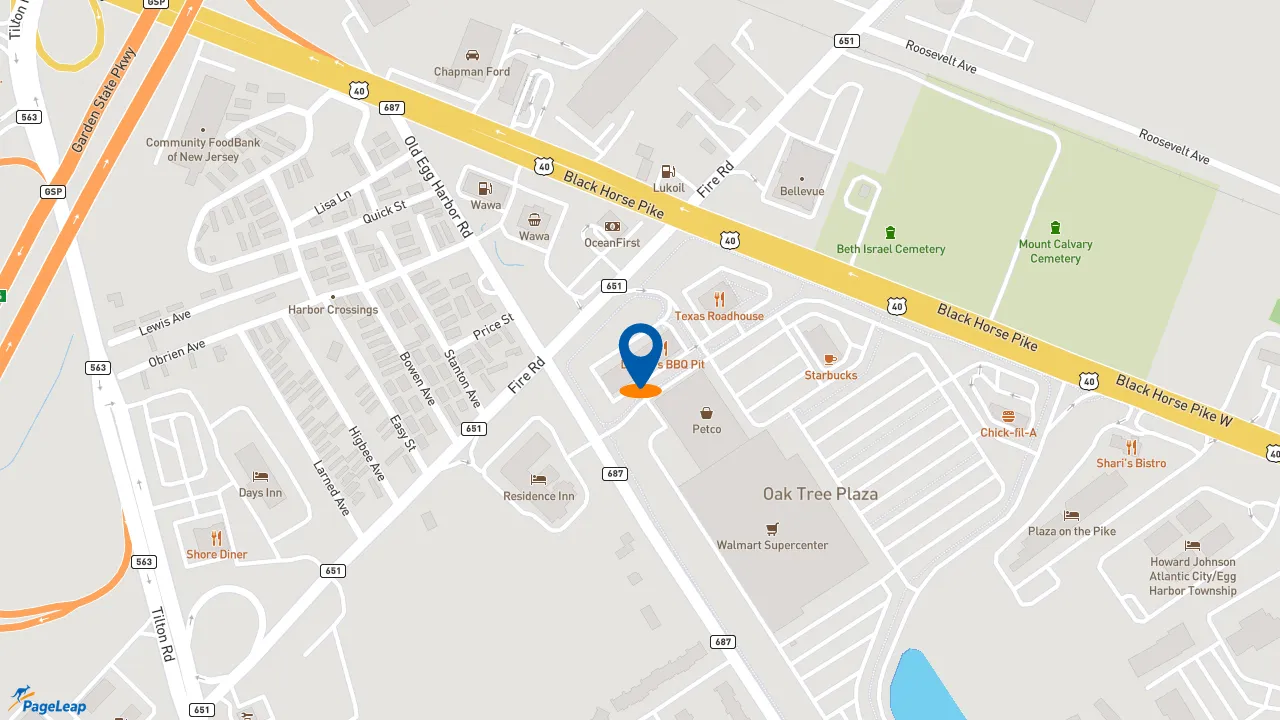 https://pageleap.com map showing location of Charleys Cheesesteaks and Wings in Egg Harbor Township.
