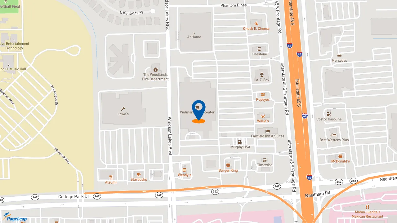 https://pageleap.com map showing location of Charleys Cheesesteaks and Wings in The Woodlands.