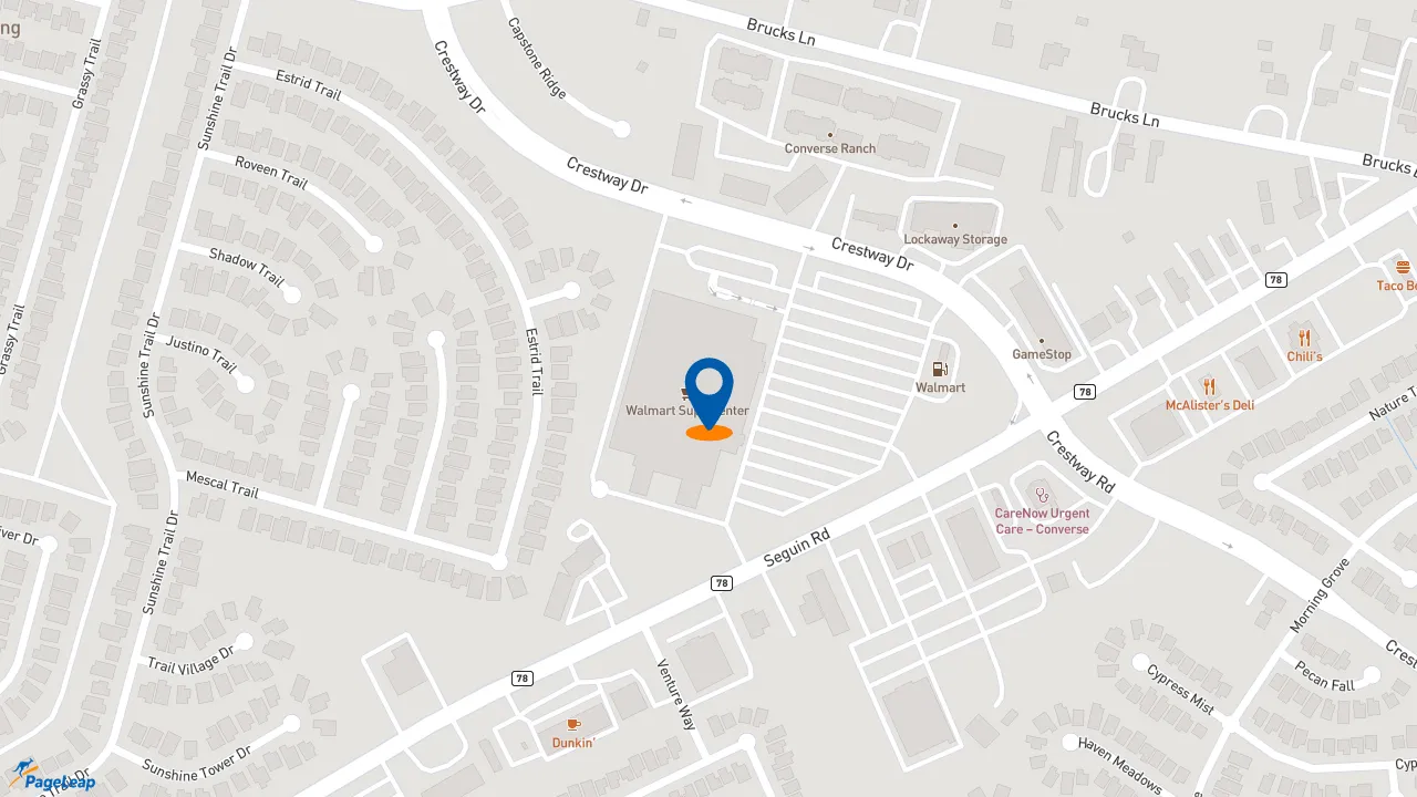 https://pageleap.com map showing location of Charleys Cheesesteaks and Wings in Converse.