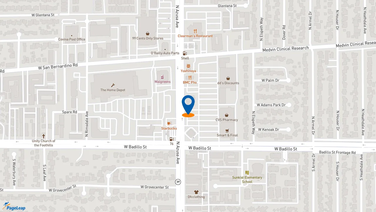 https://pageleap.com map showing location of Charleys Cheesesteaks and Wings in Covina.