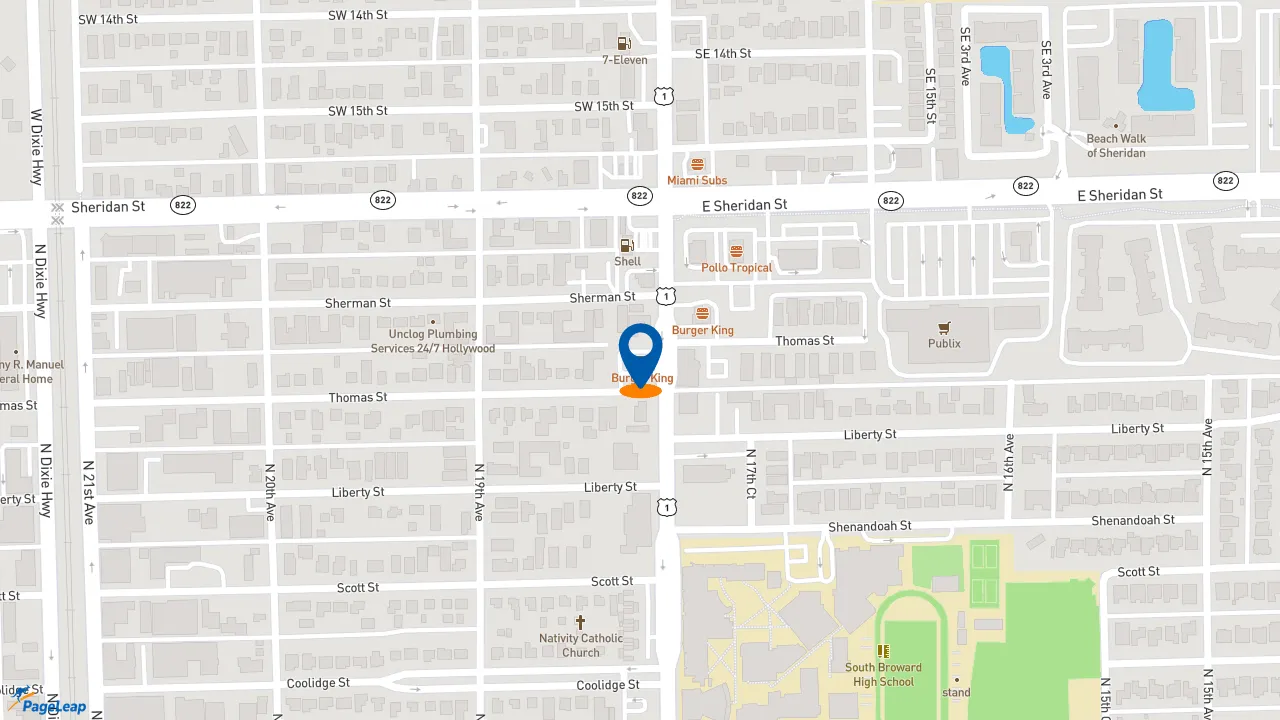https://pageleap.com map showing location of Charleys Cheesesteaks and Wings in Hollywood.