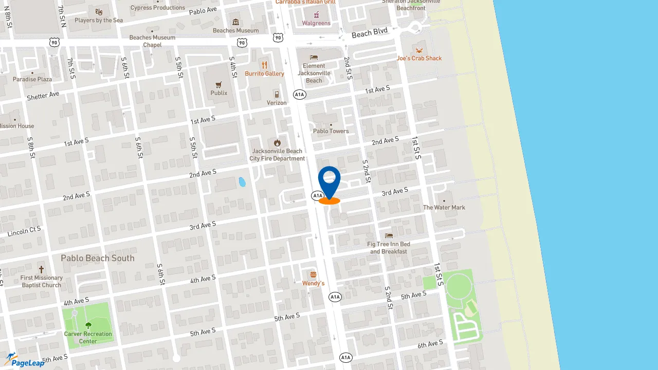 https://pageleap.com map showing location of Charleys Cheesesteaks and Wings in Jacksonville Beach.
