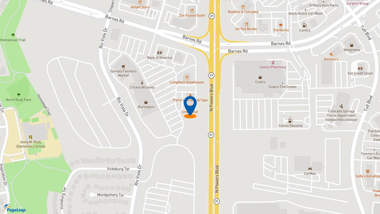https://pageleap.com map showing location of Cheba Hut &quot;Toasted&quot; Subs in Colorado Springs.