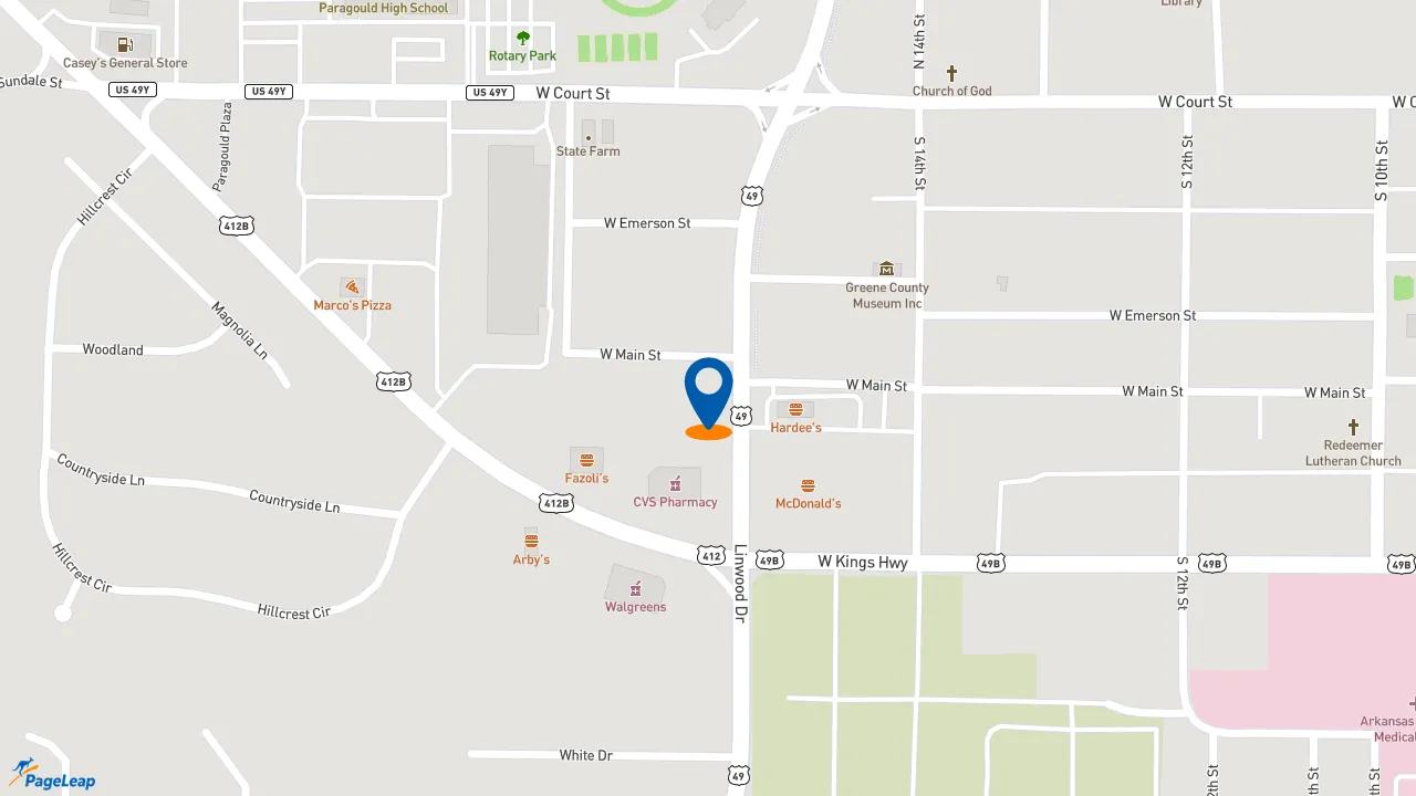 https://pageleap.com map showing location of Checkers304 Linwood Drive in Paragould.