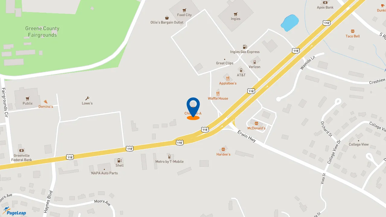 https://pageleap.com map showing location of Chick-fil-A in Greeneville.