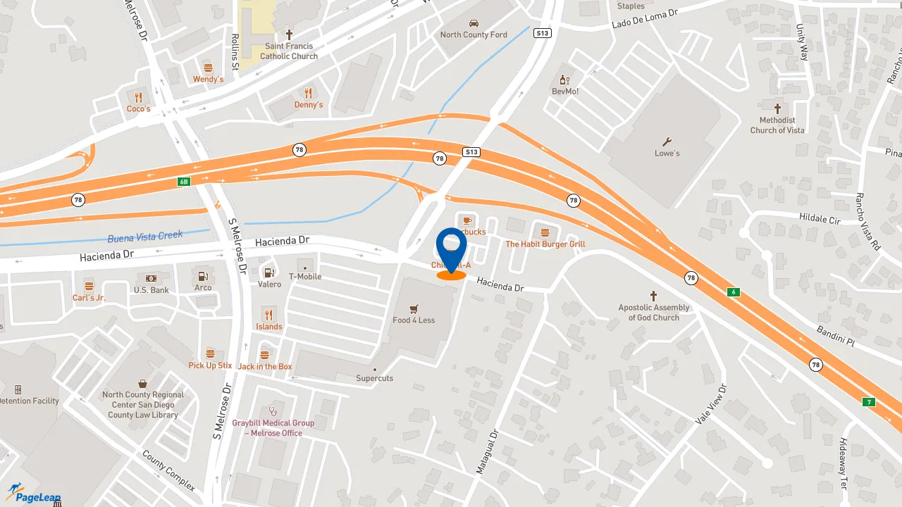 https://pageleap.com map showing location of Chick-fil-A in Vista.