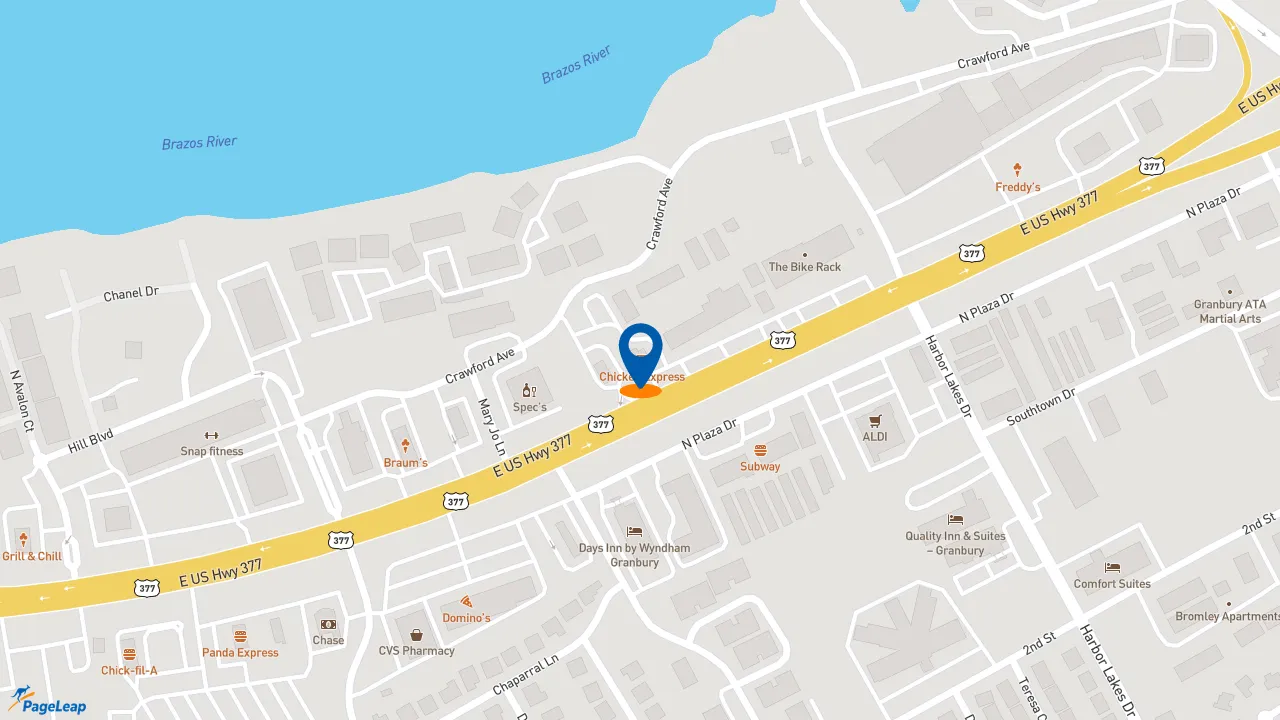 https://pageleap.com map showing location of Chicken Express in Granbury.