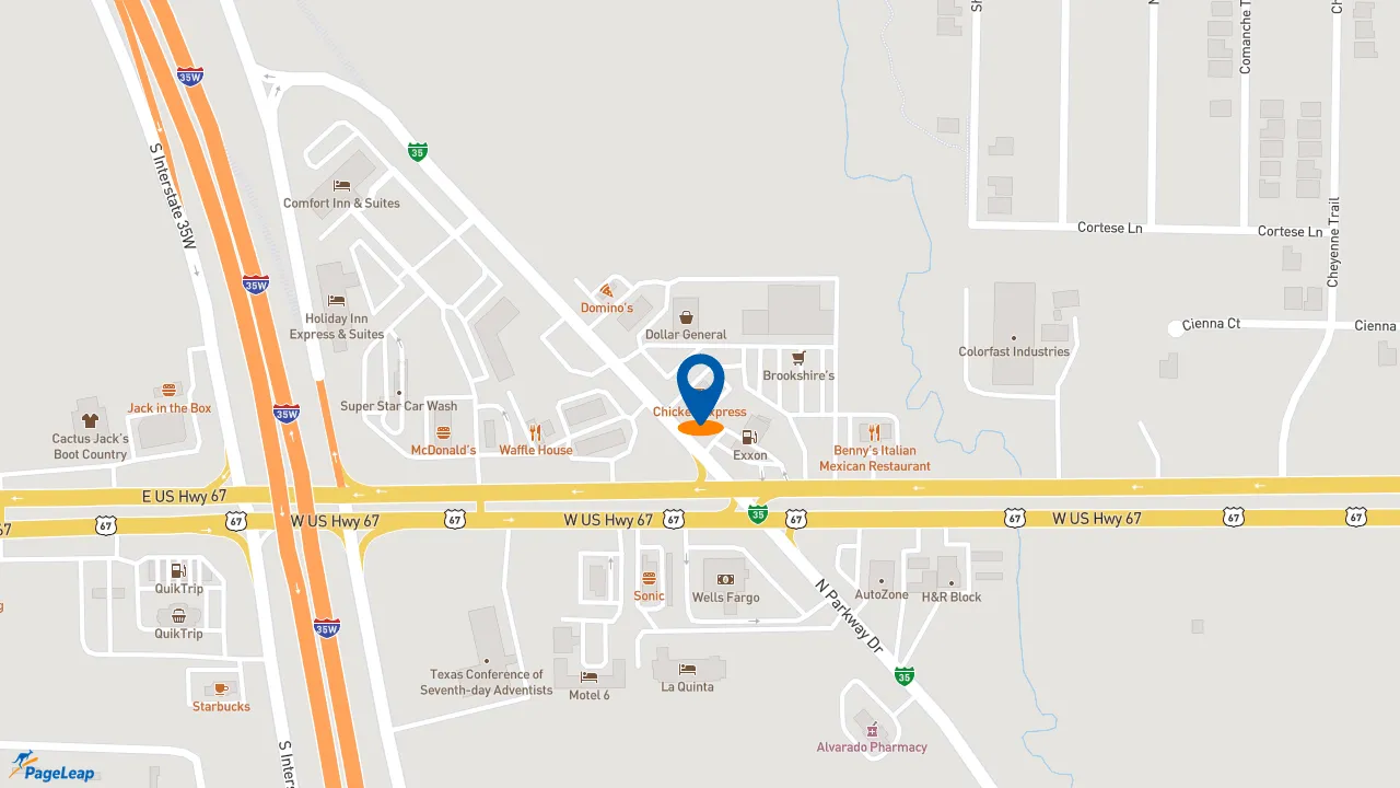 https://pageleap.com map showing location of Chicken Express in Alvarado.