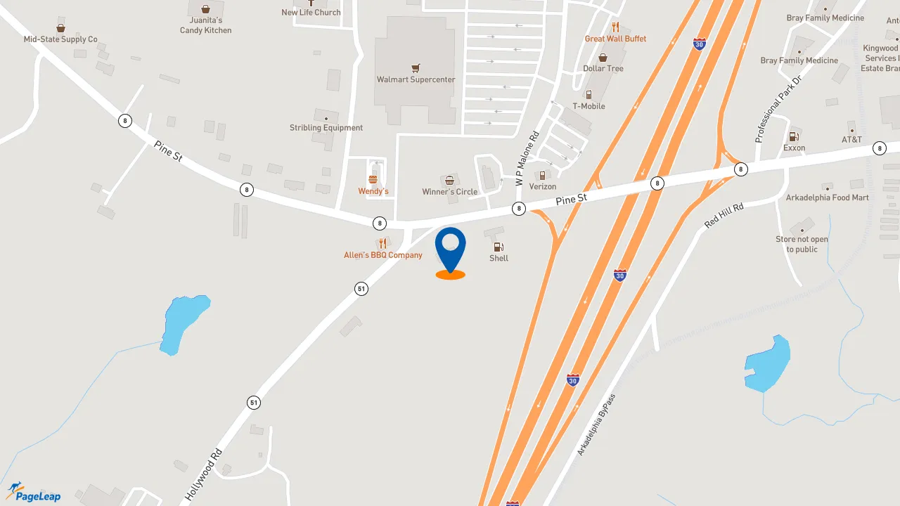 https://pageleap.com map showing location of Chicken Express in Arkadelphia.