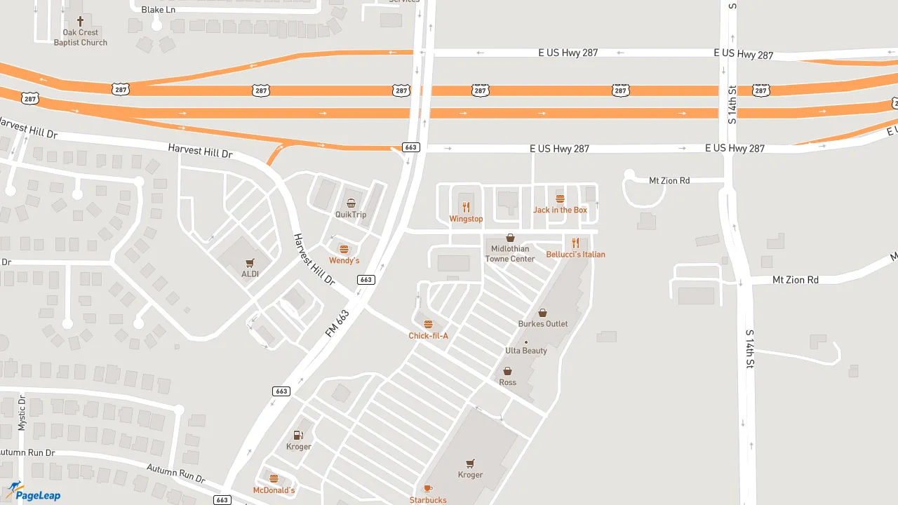 https://pageleap.com map showing location of Chicken Salad Chick in Midlothian.