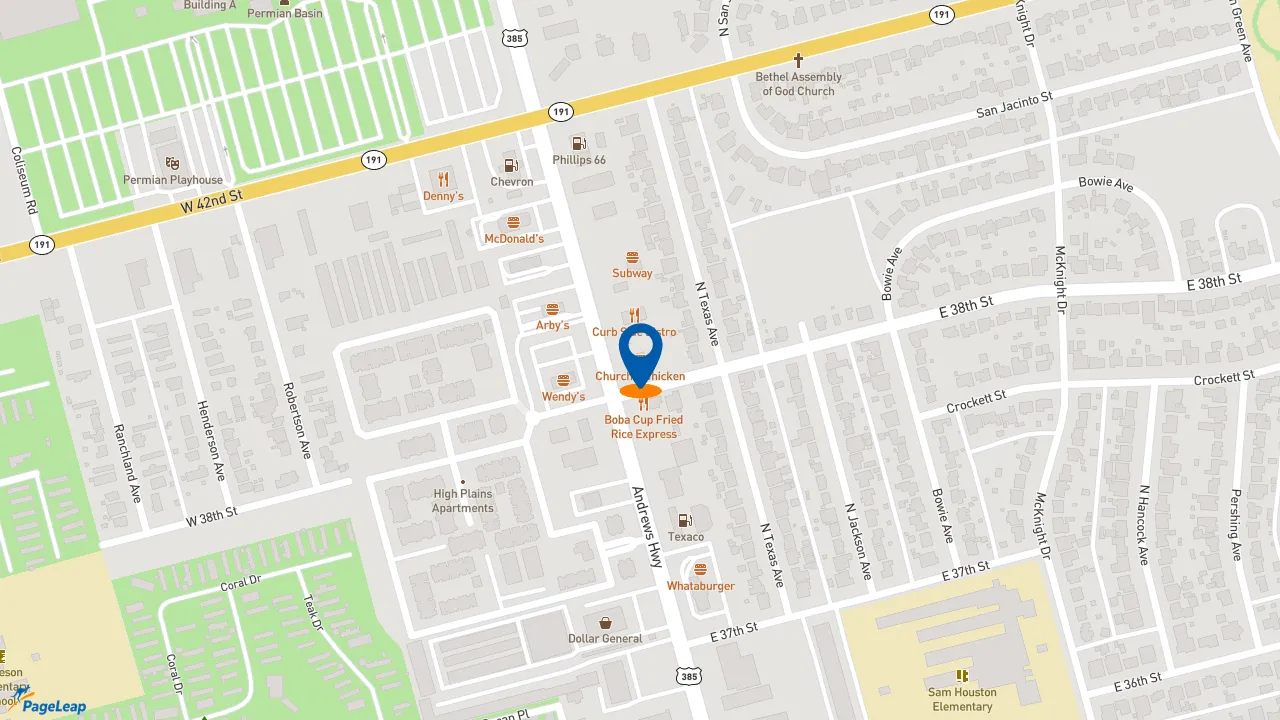 https://pageleap.com map showing location of Church&#039;s Texas Chicken in Odessa.