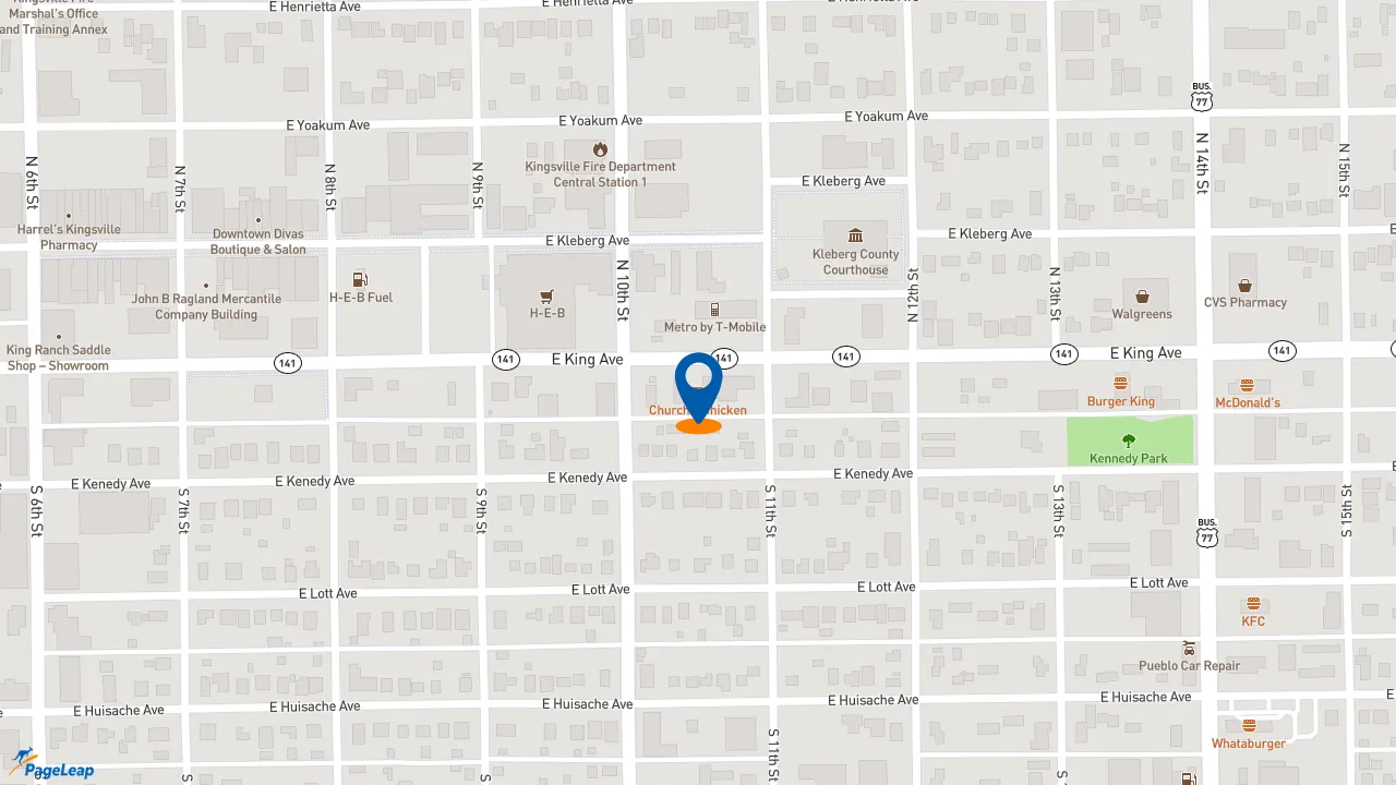 https://pageleap.com map showing location of Church&#039;s Texas Chicken in Kingsville.