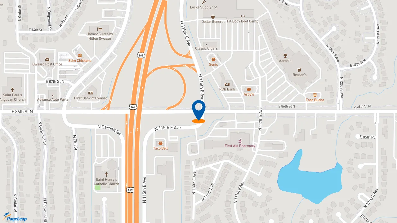 https://pageleap.com map showing location of Church&#039;s Texas Chicken in Owasso.