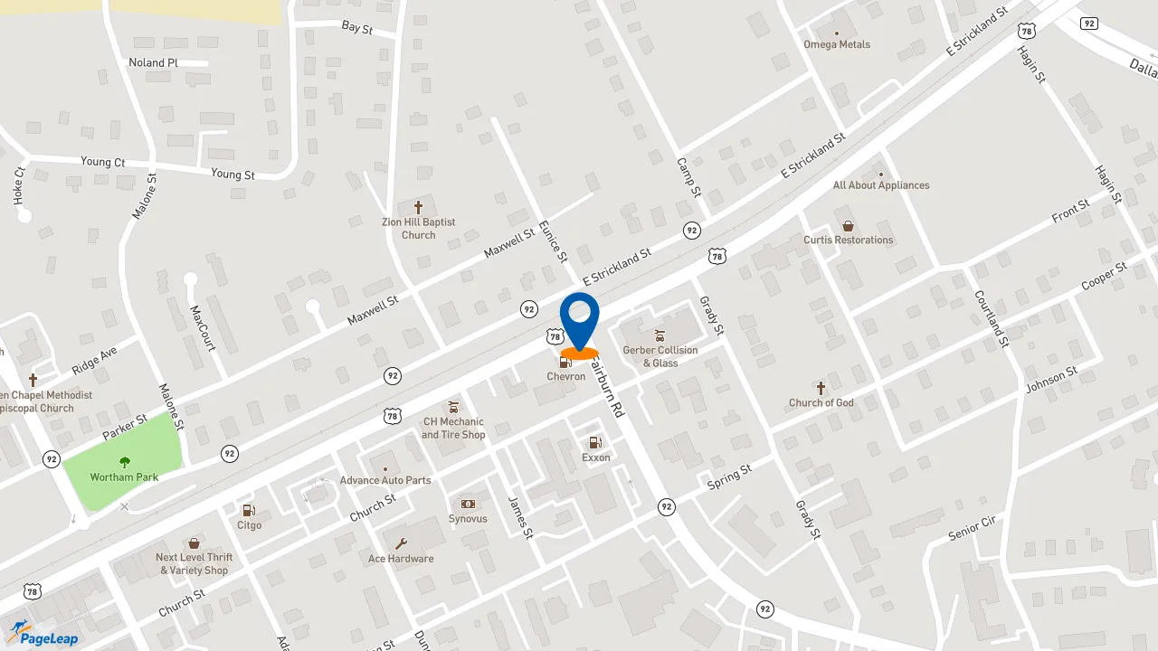 https://pageleap.com map showing location of Church&#039;s Texas Chicken in Douglasville.
