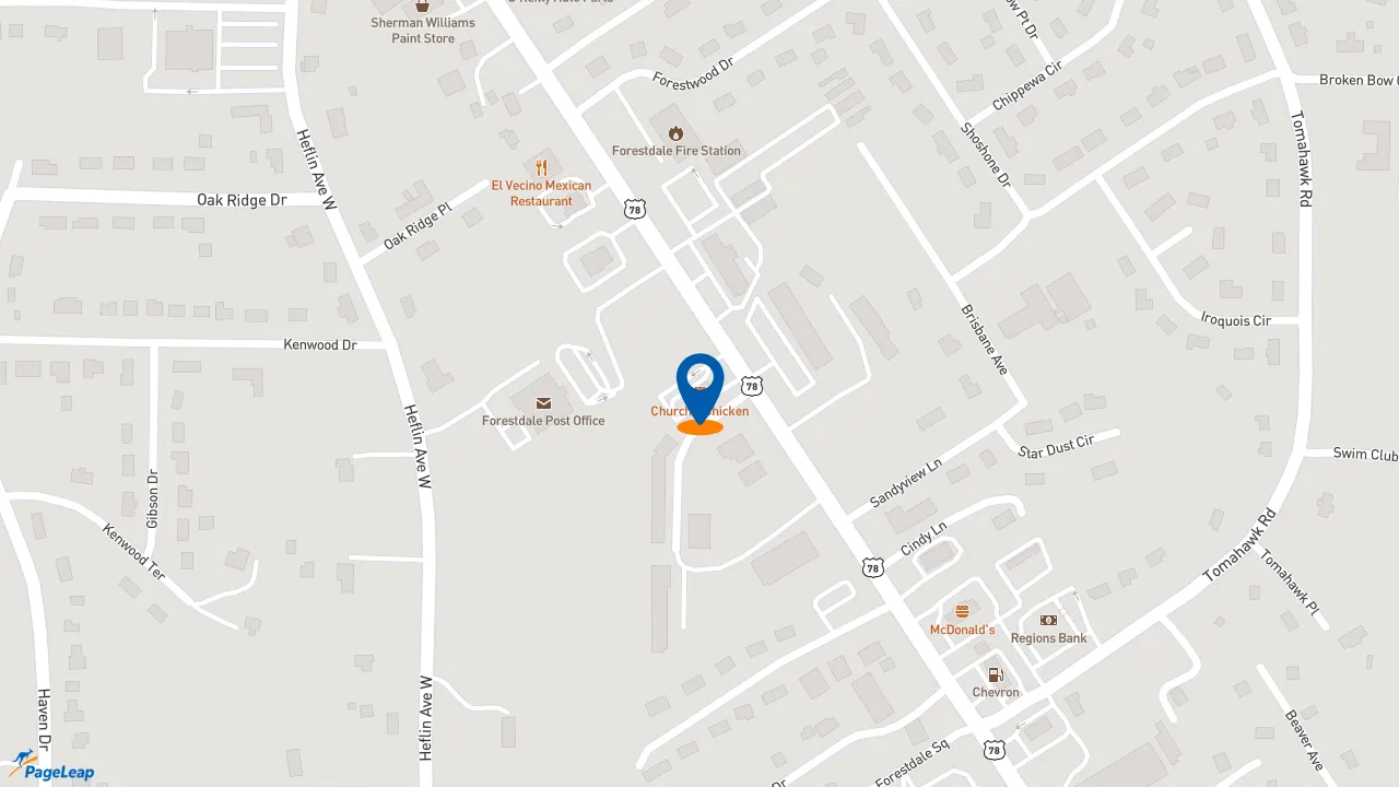 https://pageleap.com map showing location of Church&#039;s Texas Chicken in Birmingham.