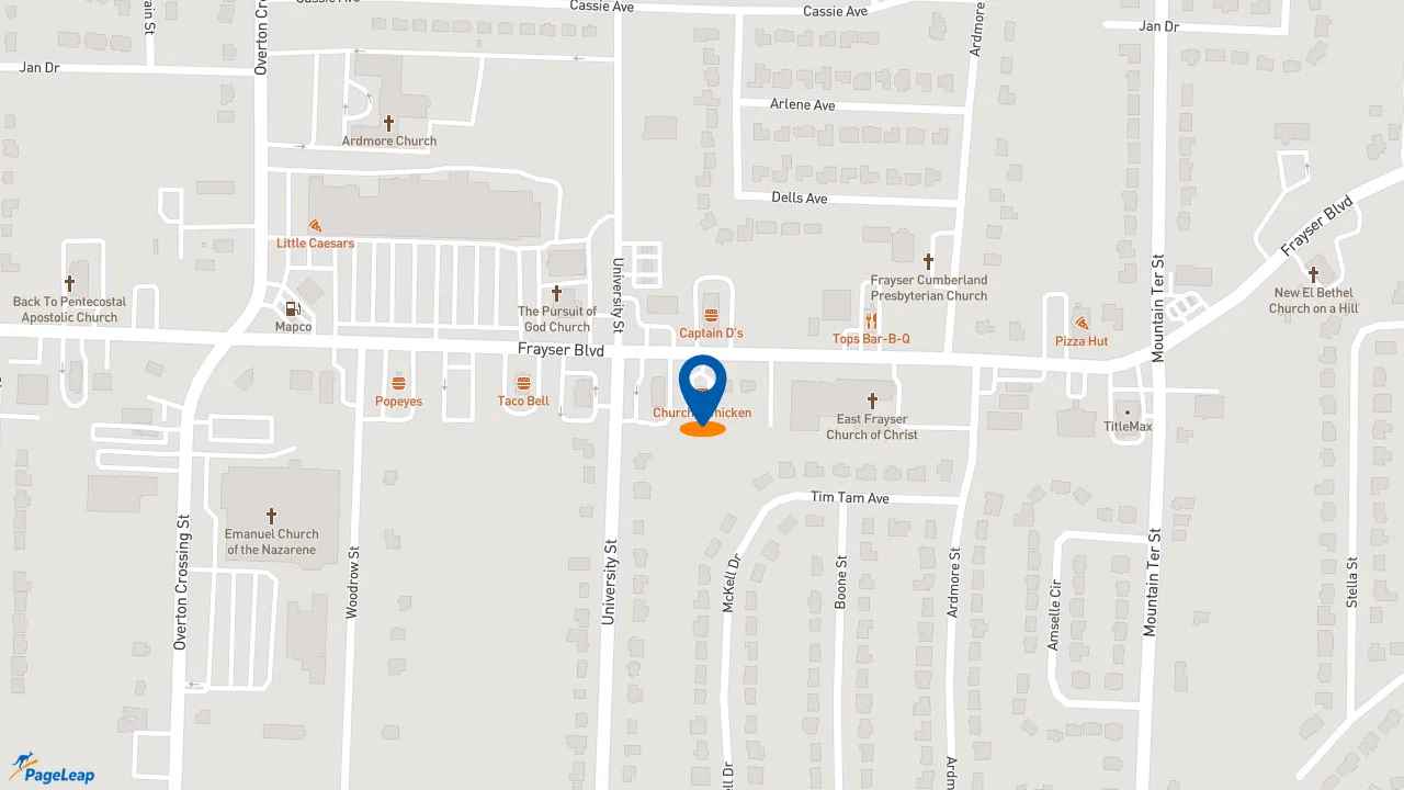 https://pageleap.com map showing location of Church&#039;s Texas Chicken in Memphis.