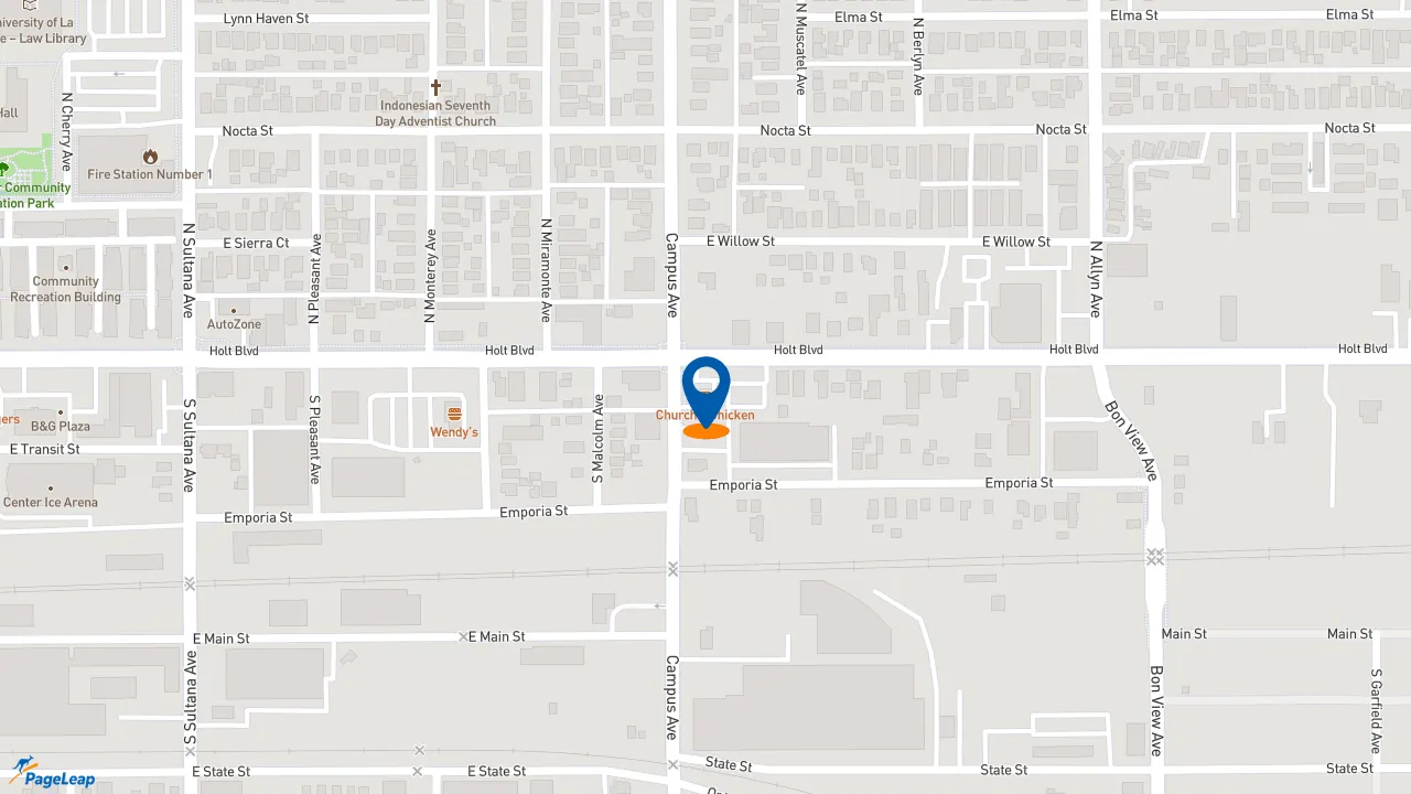 https://pageleap.com map showing location of Church&#039;s Texas Chicken in Ontario.