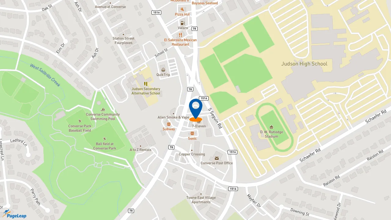 https://pageleap.com map showing location of Church&#039;s Texas Chicken in Converse.
