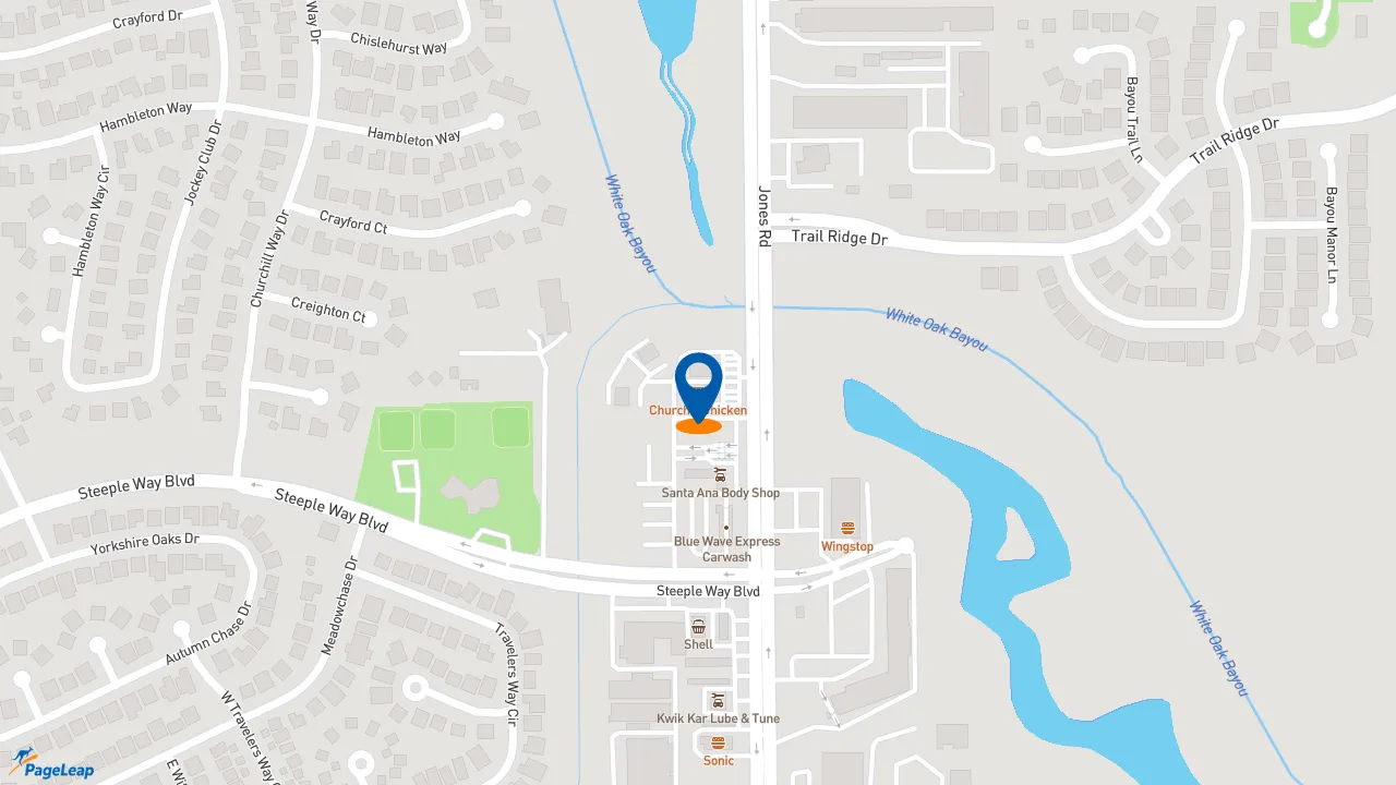 https://pageleap.com map showing location of Church&#039;s Texas Chicken in Houston.