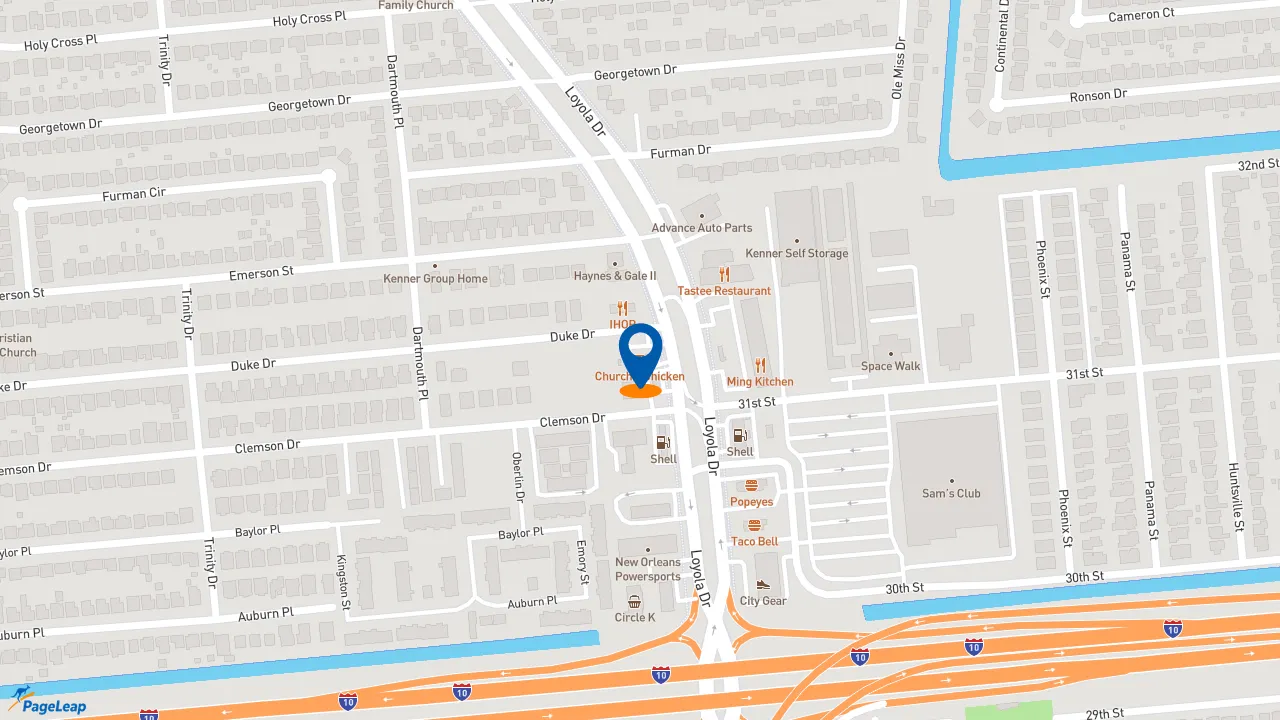 https://pageleap.com map showing location of Church&#039;s Texas Chicken in Kenner.