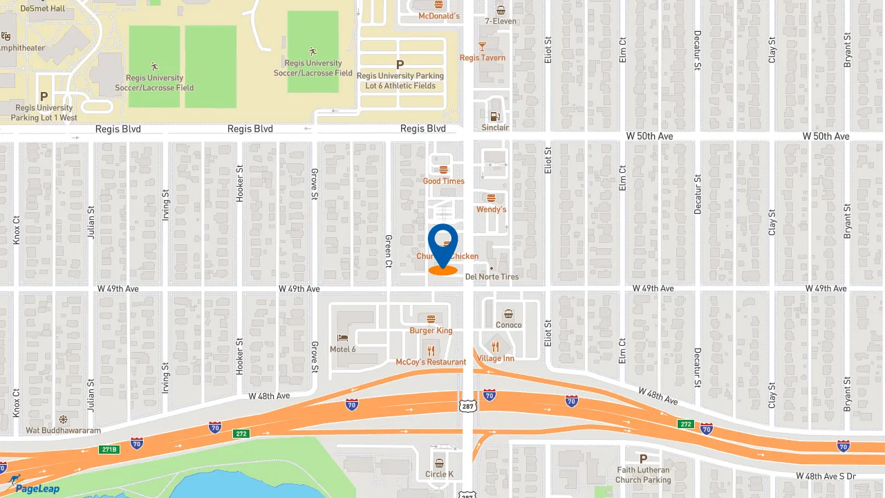 https://pageleap.com map showing location of Church&#039;s Texas Chicken in Denver.