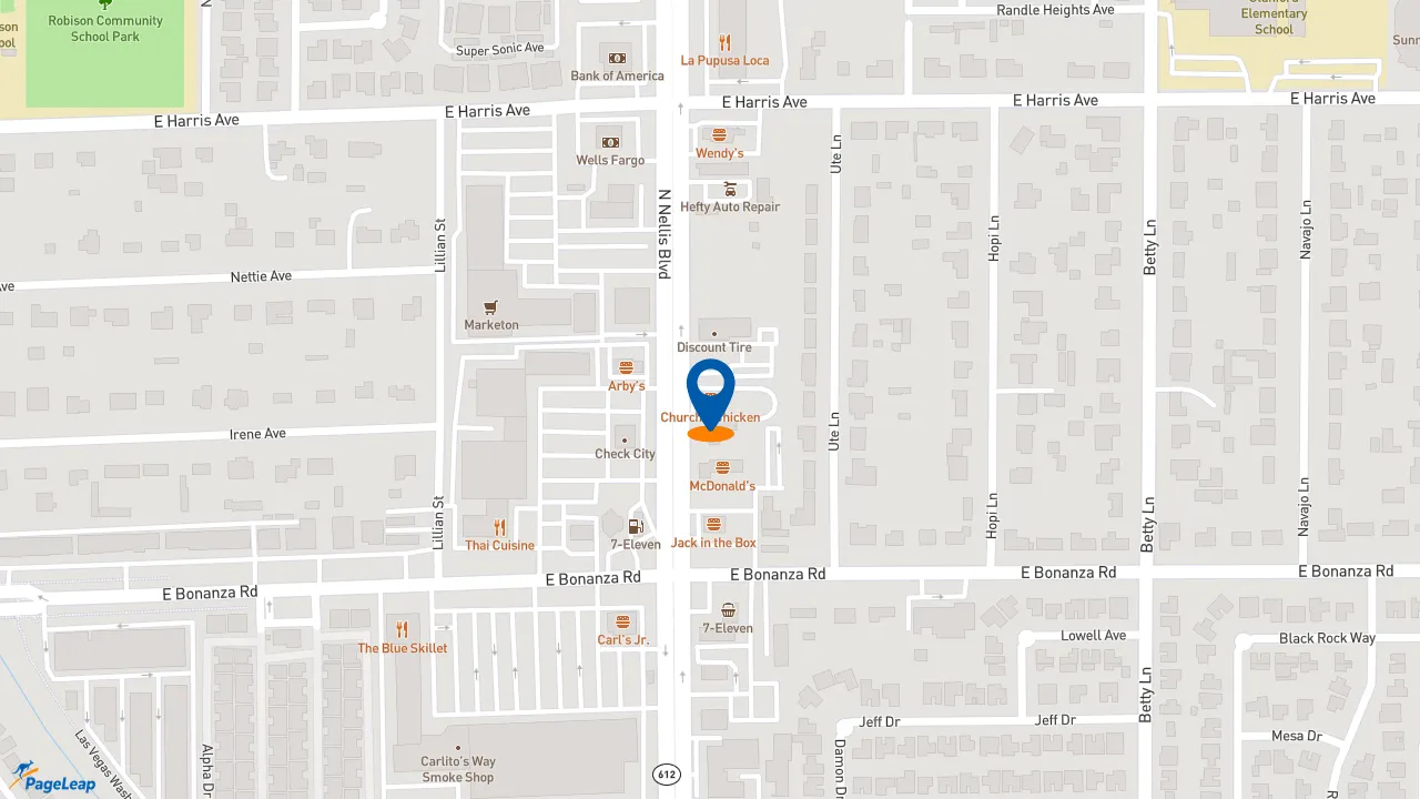 https://pageleap.com map showing location of Church&#039;s Texas Chicken in Las Vegas.