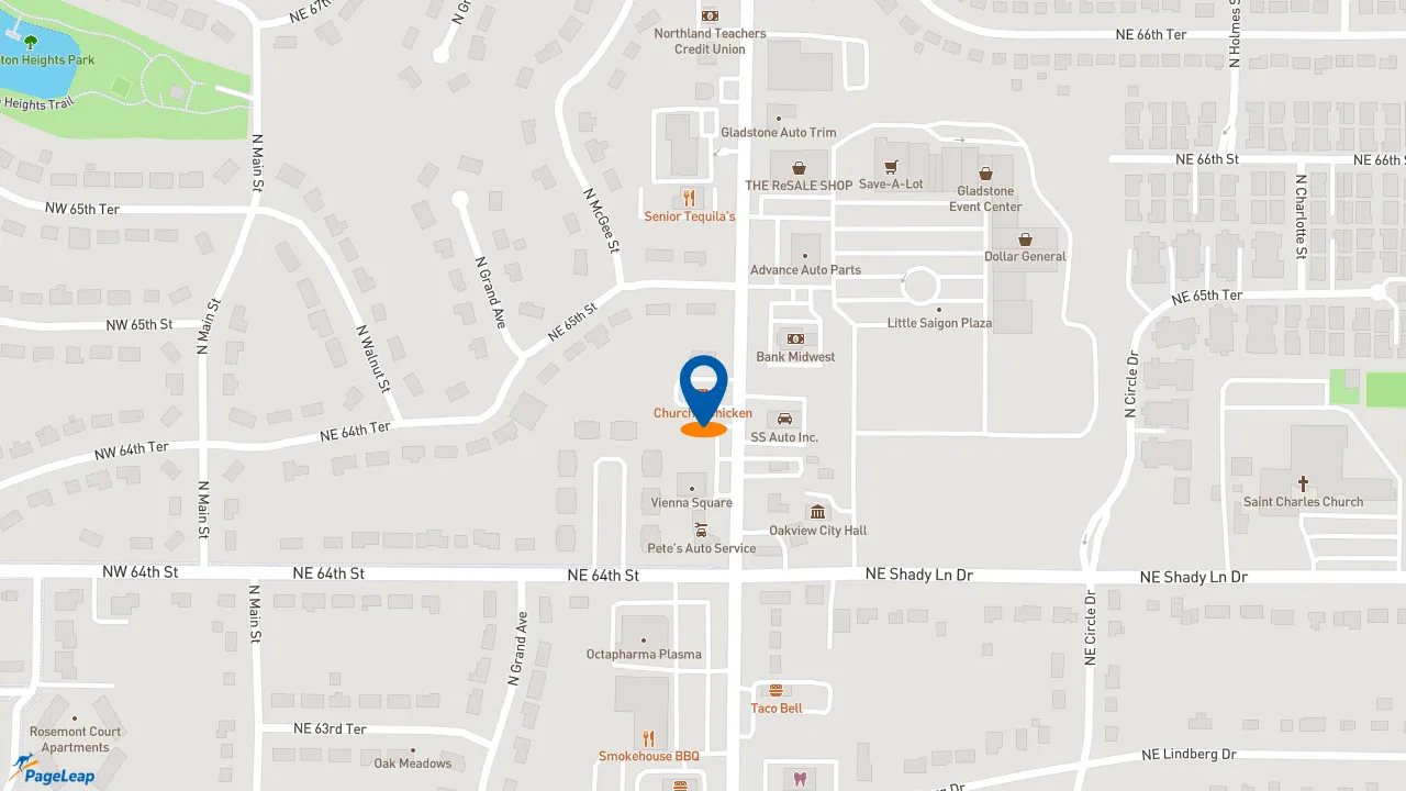 https://pageleap.com map showing location of Church&#039;s Texas Chicken in Gladstone.