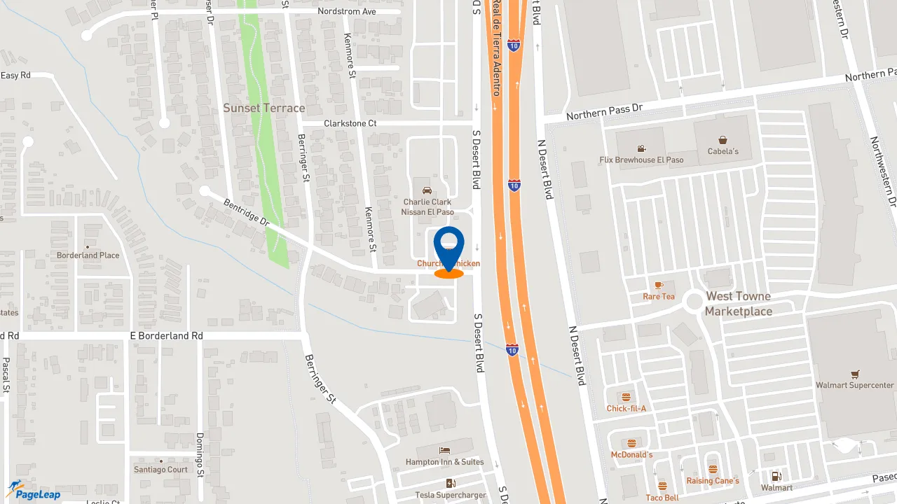 https://pageleap.com map showing location of Church&#039;s Texas Chicken in El Paso.