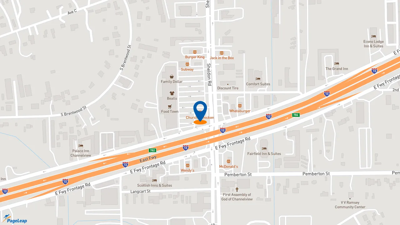 https://pageleap.com map showing location of Church&#039;s Texas Chicken in Channelview.