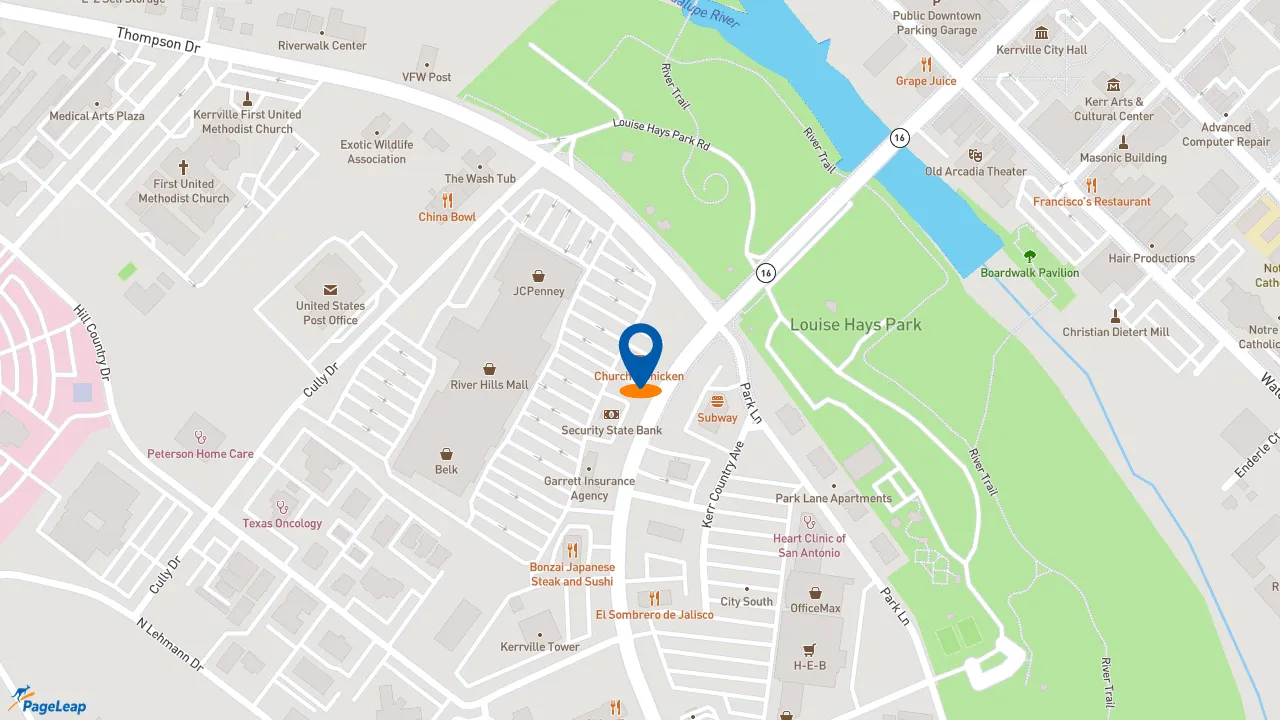 https://pageleap.com map showing location of Church&#039;s Texas Chicken in Kerrville.
