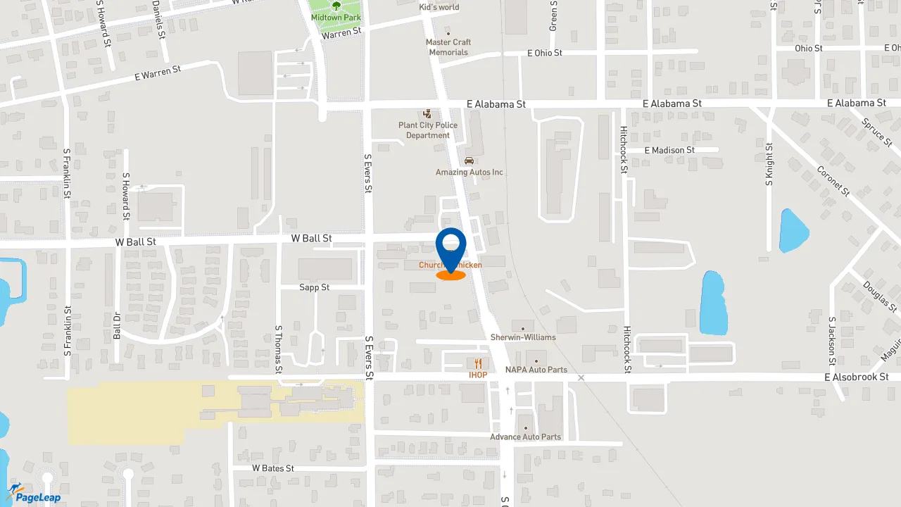 https://pageleap.com map showing location of Church&#039;s Texas Chicken in Plant City.