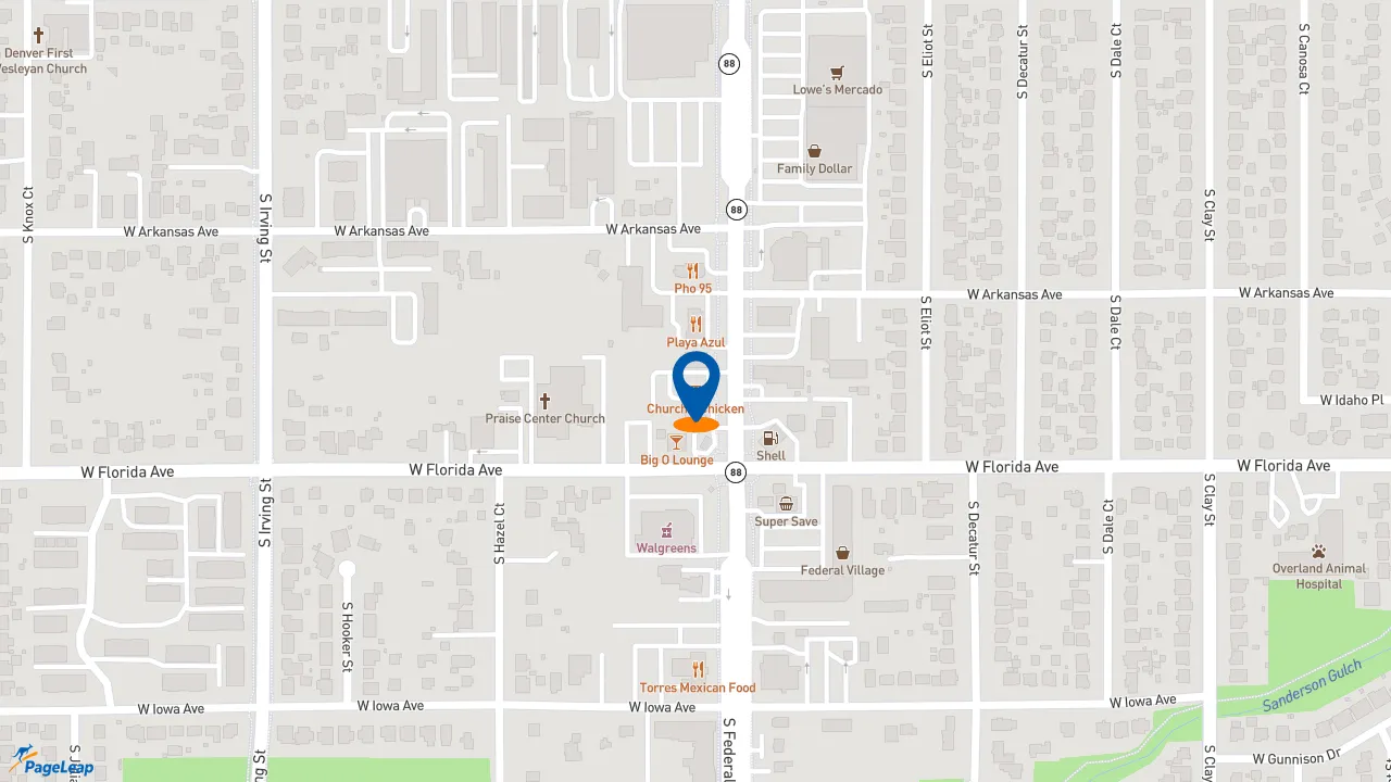 https://pageleap.com map showing location of Church&#039;s Texas Chicken in Denver.