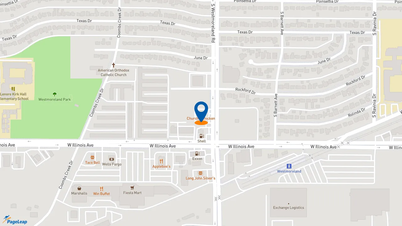 https://pageleap.com map showing location of Church&#039;s Texas Chicken in Dallas.