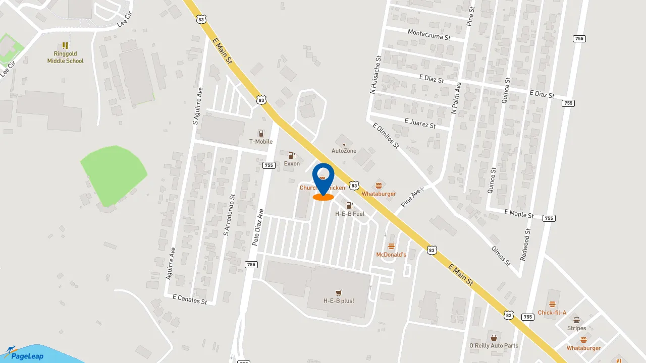 https://pageleap.com map showing location of Church&#039;s Texas Chicken in Rio Grande City.