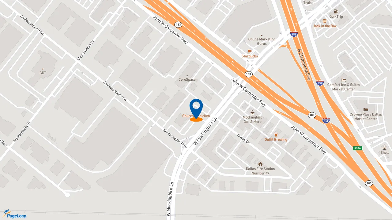 https://pageleap.com map showing location of Church&#039;s Texas Chicken in Dallas.