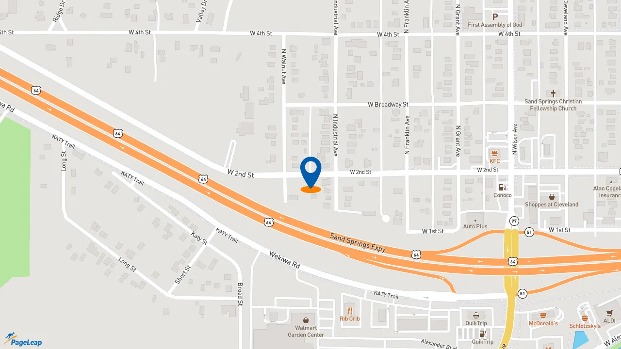https://pageleap.com map showing location of Church&#039;s Texas Chicken in Sand Springs.