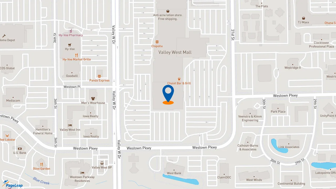 https://pageleap.com map showing location of CLOSED - Caribou Coffee in West Des Moines.