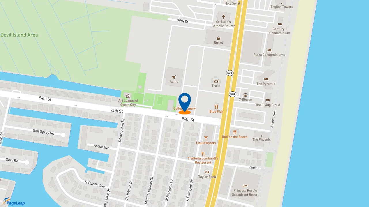 https://pageleap.com map showing location of Coffee Beanery Ocean City 94th St in Ocean City.