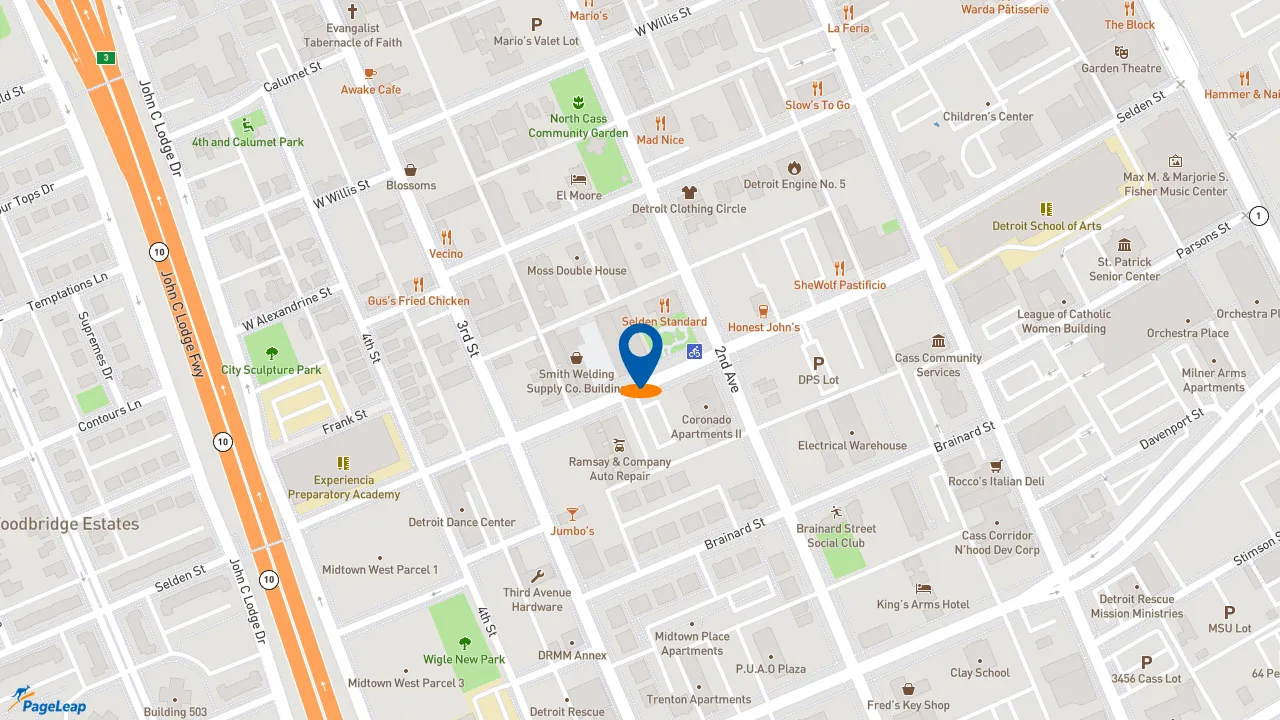https://pageleap.com map showing location of Condado Tacos in Detroit.