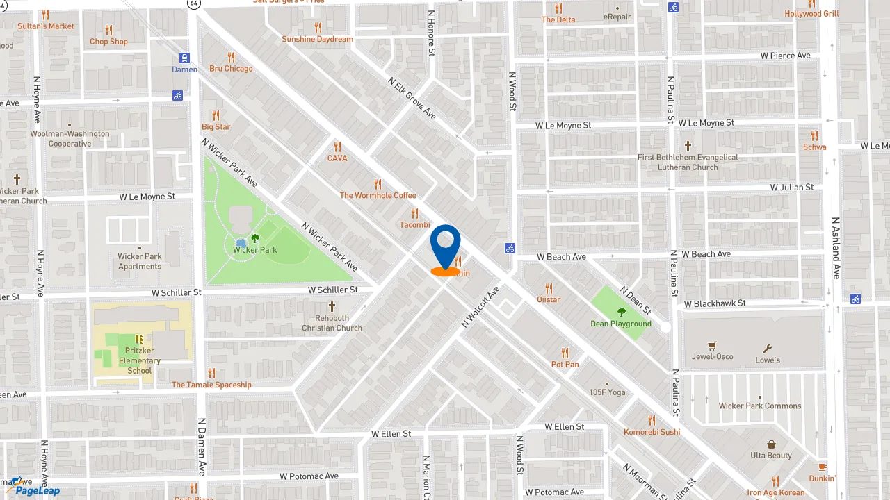 https://pageleap.com map showing location of Conrad&#039;s Grill in Chicago.