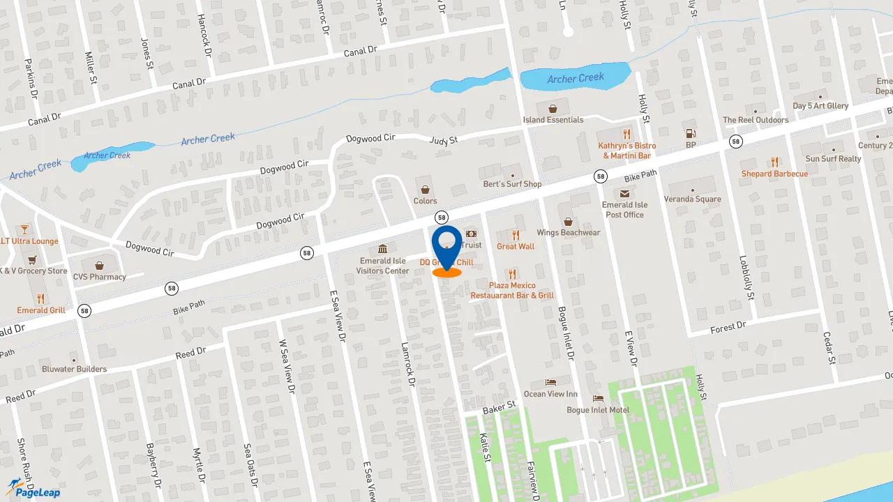 https://pageleap.com map showing location of Dairy Queen Grill &amp; Chill - Seasonally Closed in Emerald Isle.