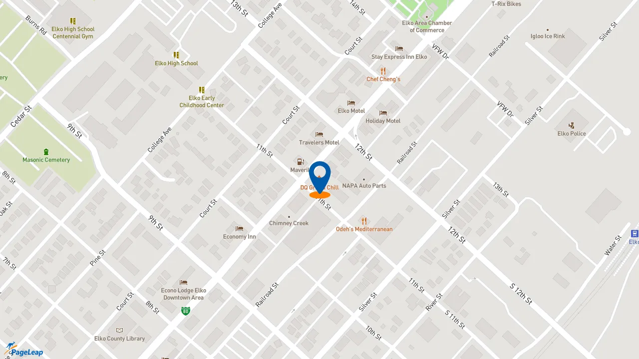 https://pageleap.com map showing location of Dairy Queen Grill &amp; Chill - Seasonally Closed in Elko.