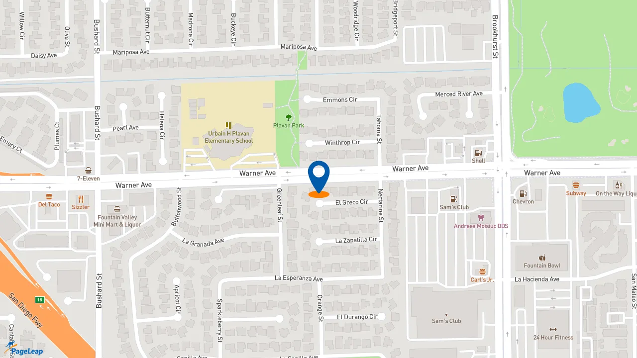 https://pageleap.com map showing location of Daves Hot Chicken in Fountain Valley.