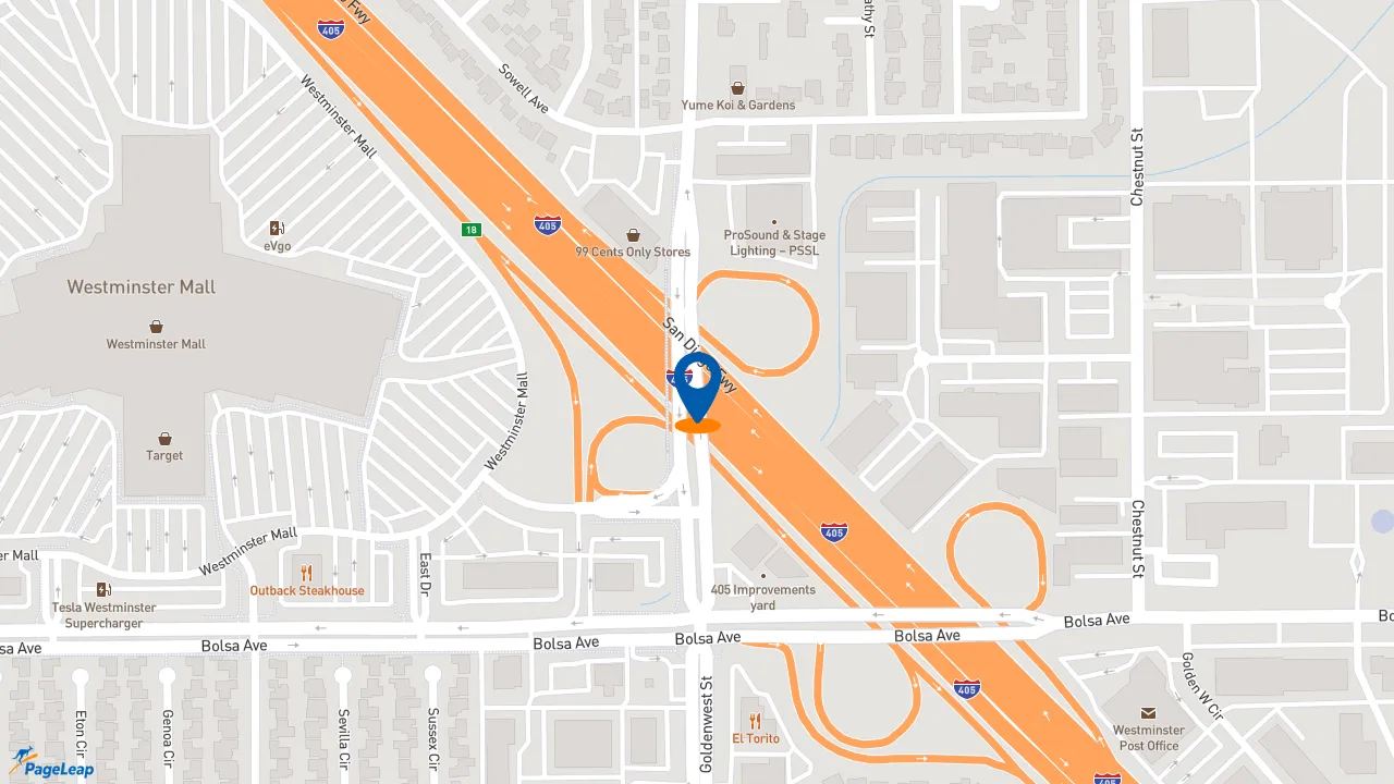https://pageleap.com map showing location of Del Taco in Westminster.