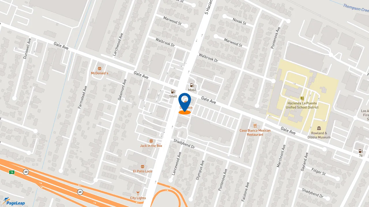 https://pageleap.com map showing location of Del Taco in Hacienda Heights.