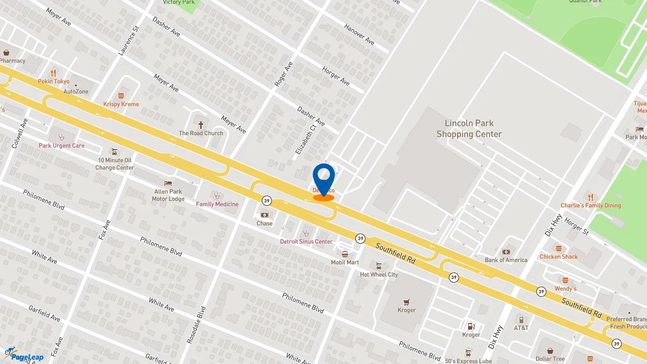 https://pageleap.com map showing location of Del Taco in Allen Park.