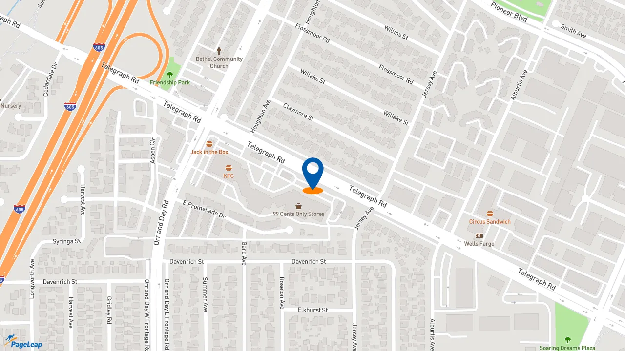 https://pageleap.com map showing location of Del Taco in Santa Fe Springs.