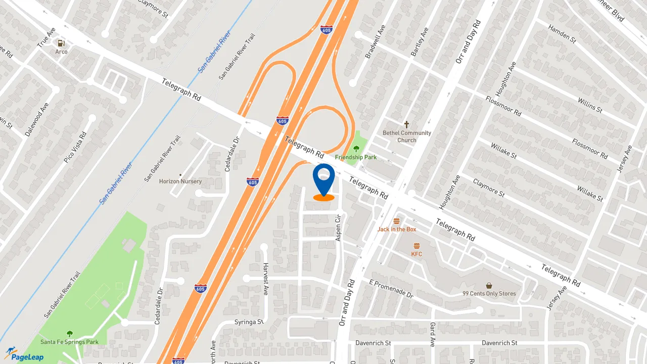 https://pageleap.com map showing location of Del Taco in Santa Fe Springs.