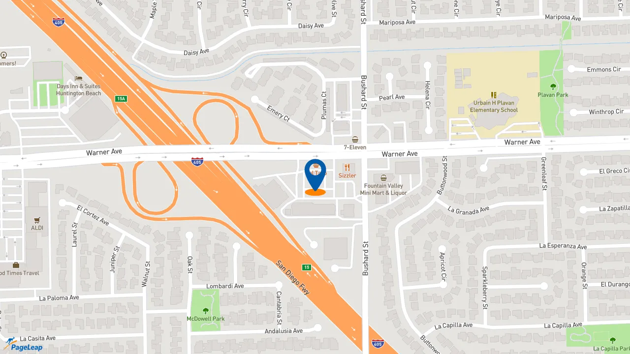 https://pageleap.com map showing location of Del Taco in Fountain Valley.