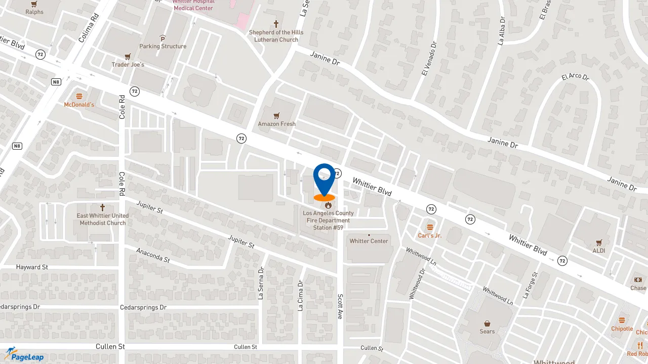 https://pageleap.com map showing location of Del Taco in Whittier.